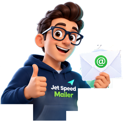 Jet Speed Mailer mascot holding an email